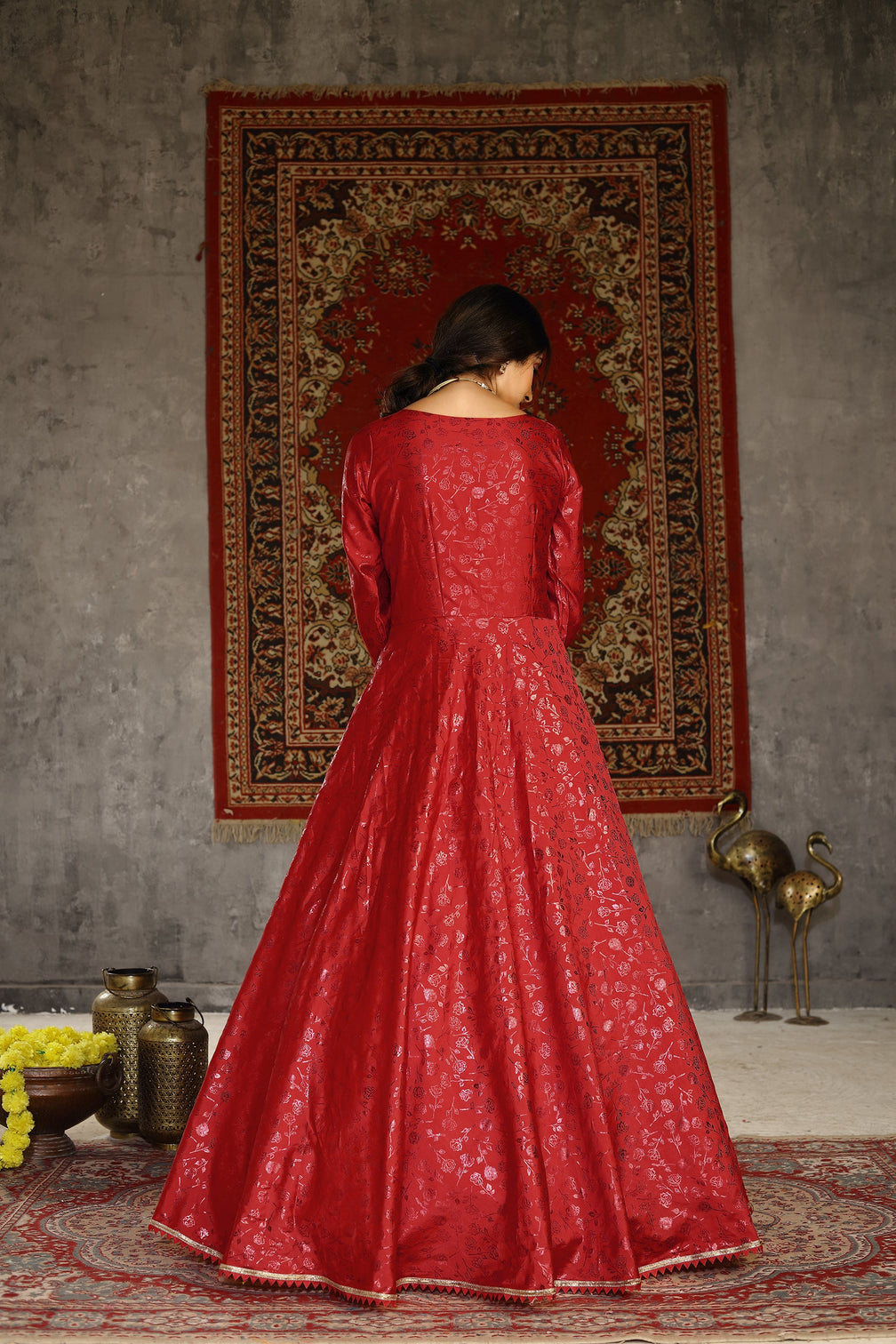 Red Foilage Print Taffeta Silk Party Wear Gown Semi Stitched