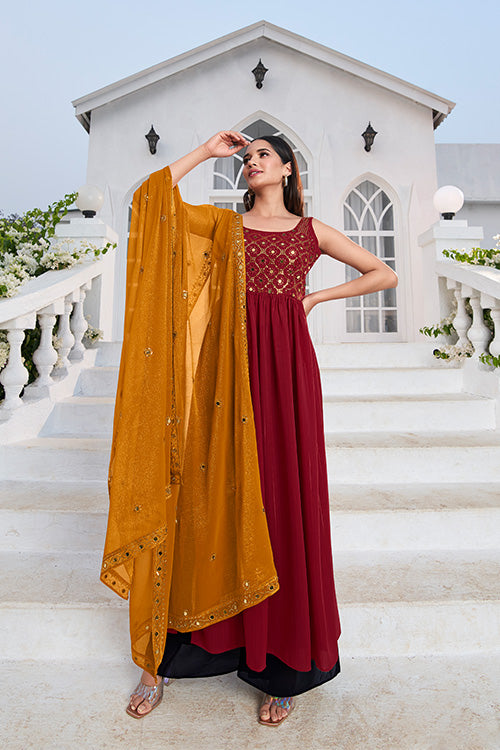 Red Georgette Embroidered Work Kurta Palazzo Dupatta Set