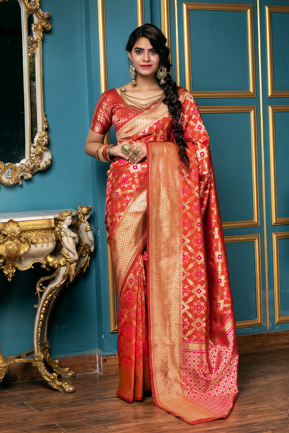 Red Golden Weaving Banarasi Silk Bridal Wear Saree