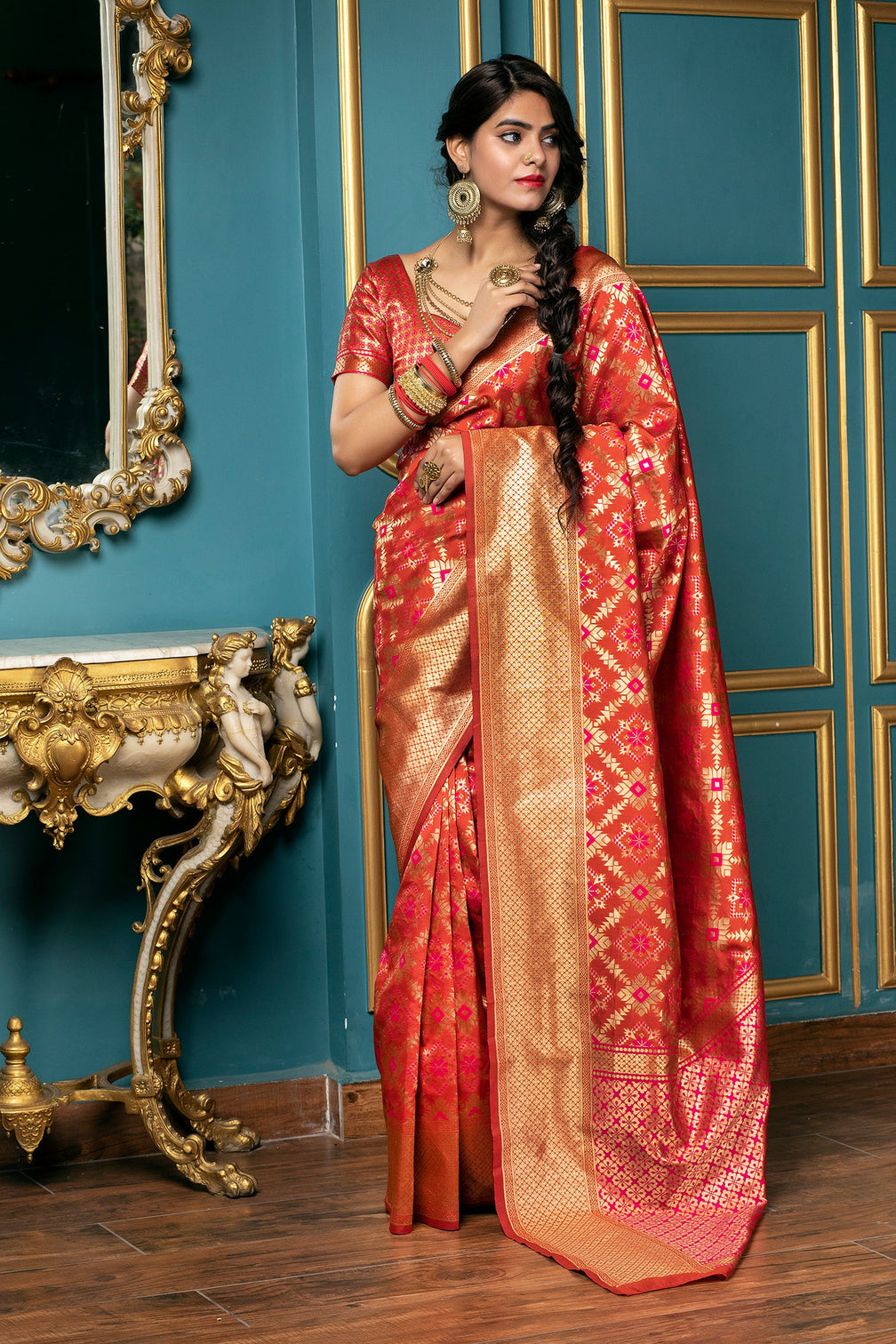 Red Golden Weaving Banarasi Silk Bridal Wear Saree
