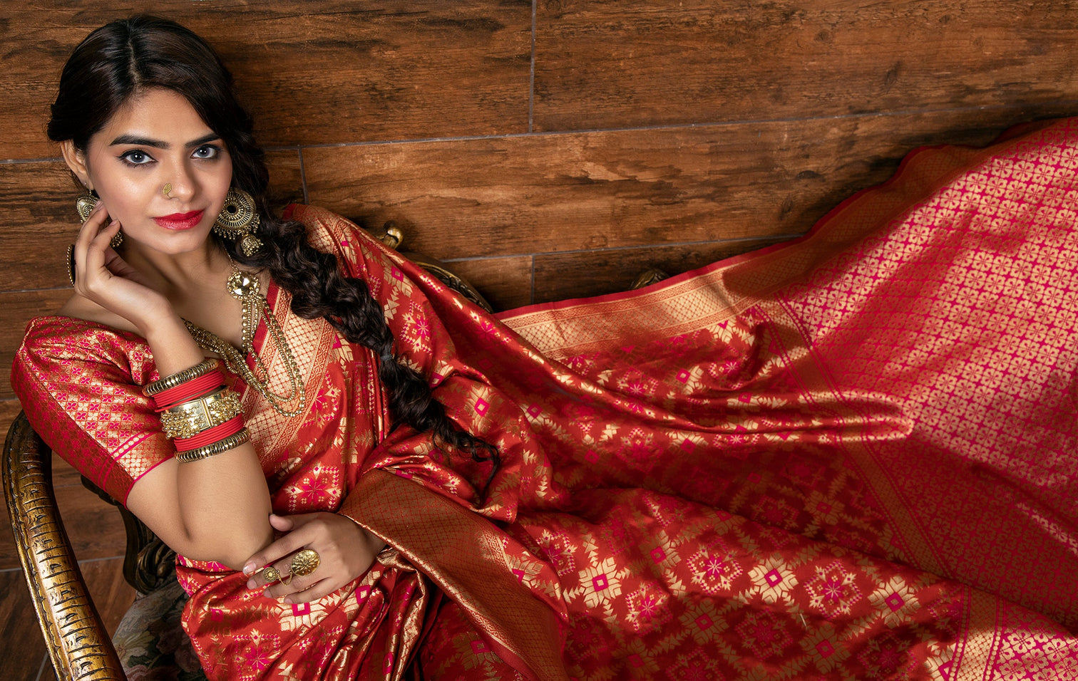 Red Golden Weaving Banarasi Silk Bridal Wear Saree