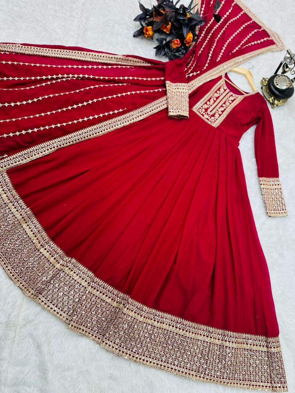 Red Gown in Faux Georgette with Embroidery Sequence Work