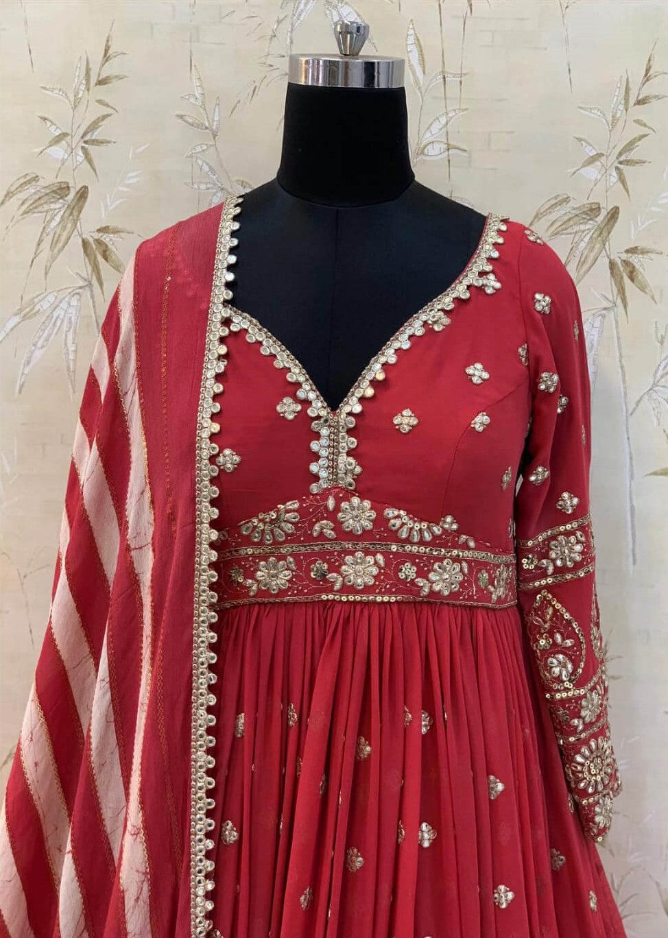 Red Gown in Georgette With Foil Mirror Work