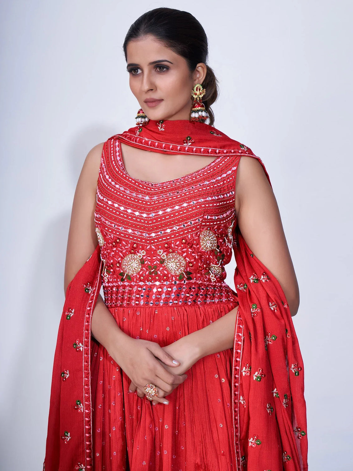 Red Mirror Work Multi Embroidery Chiffon Palazzo Suit