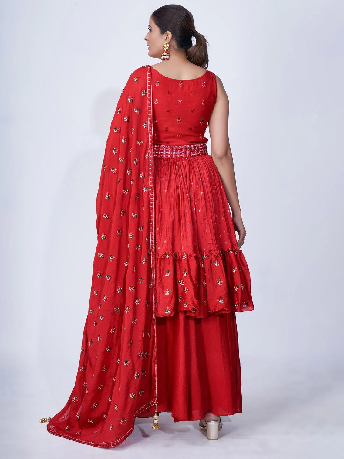 Red Mirror Work Multi Embroidery Chiffon Palazzo Suit