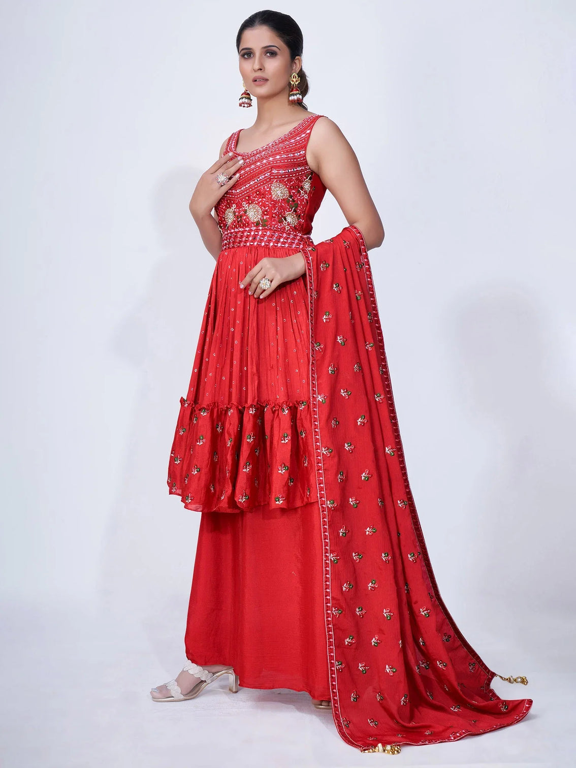 Red Mirror Work Multi Embroidery Chiffon Palazzo Suit