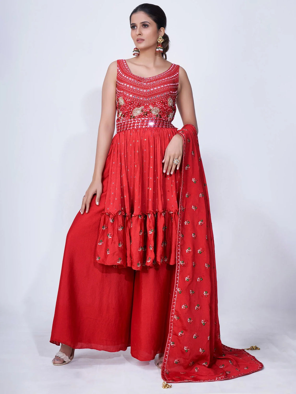 Red Mirror Work Multi Embroidery Chiffon Palazzo Suit