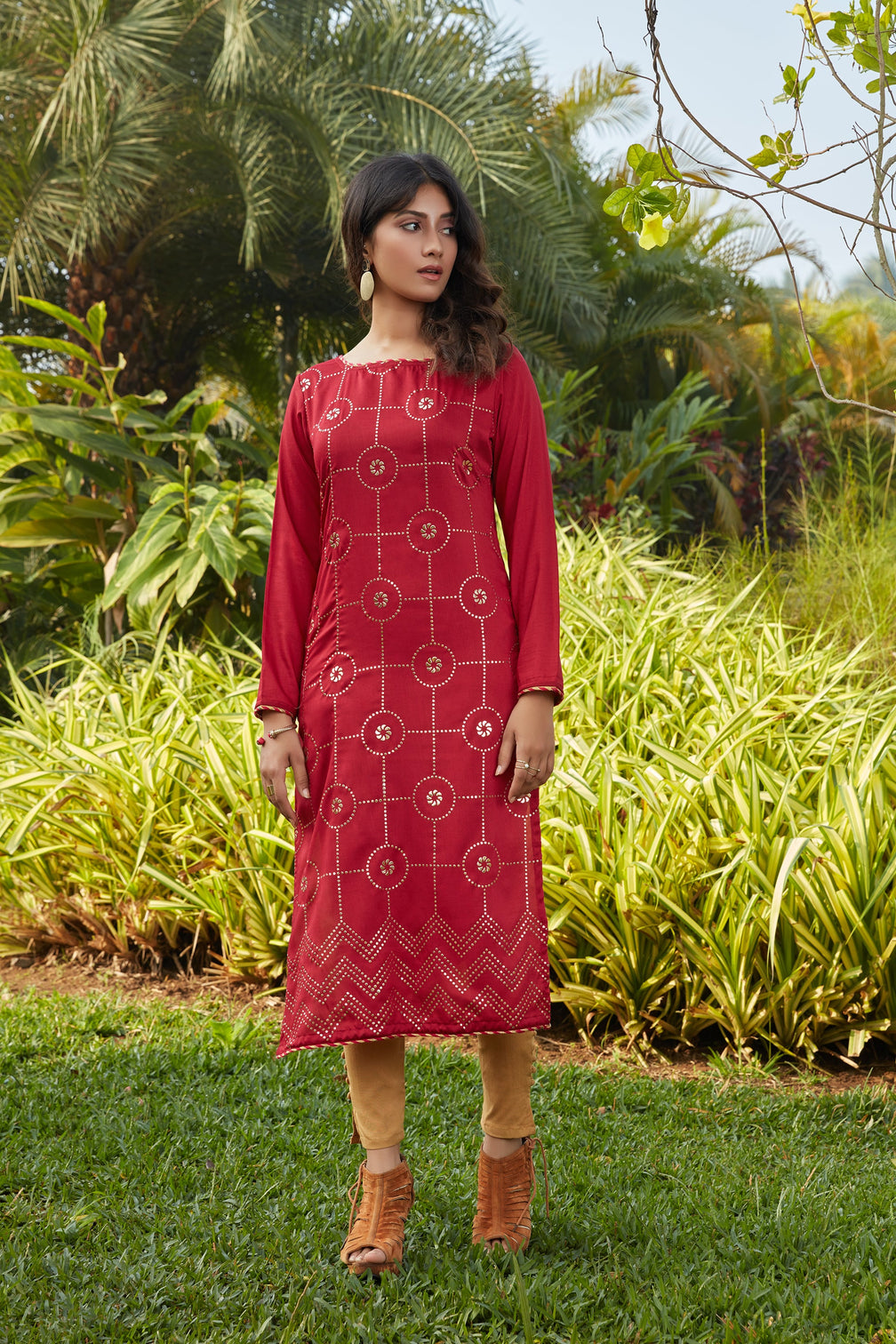 Red Mukaish Worked Cotton Readymade Kurti