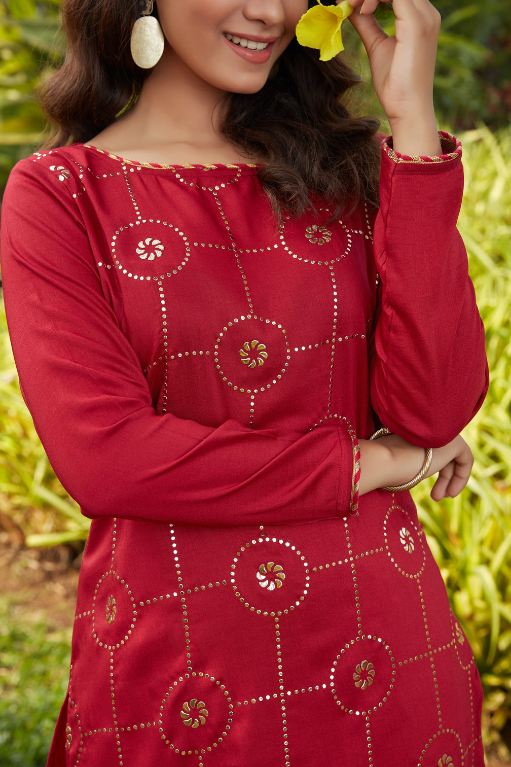 Red Mukaish Worked Cotton Readymade Kurti