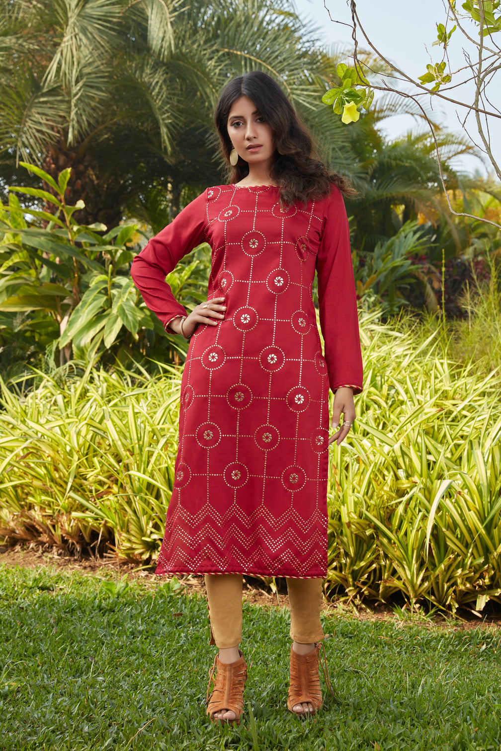 Red Mukaish Worked Cotton Readymade Kurti
