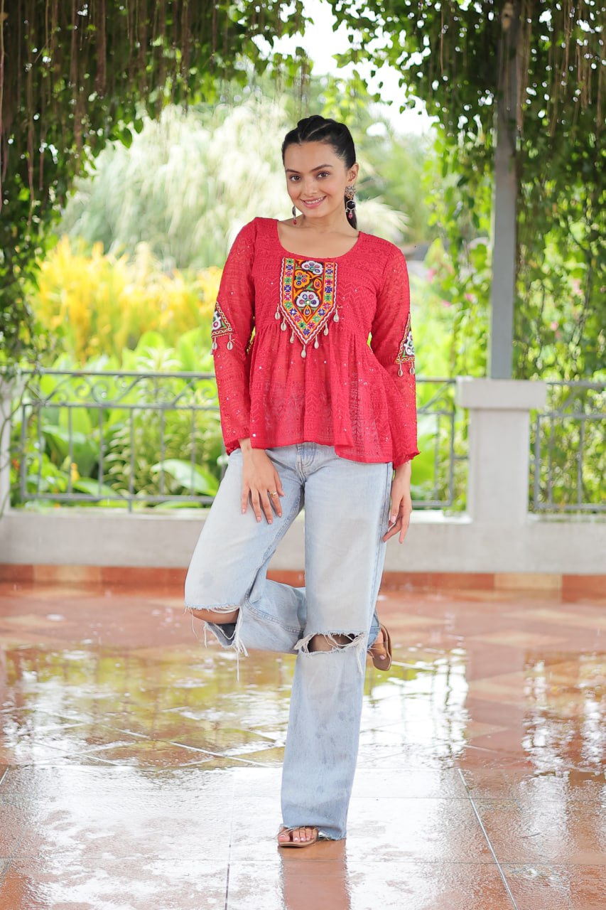 Navratri Special Georgette Schiffli Peplum Top with Kutchi Gamthi Patch Work