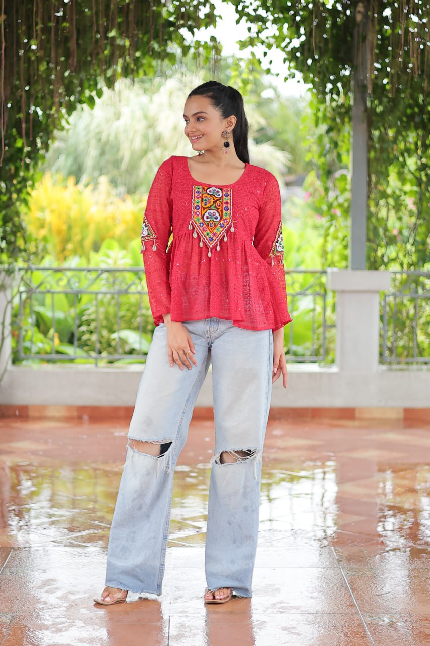 Navratri Special Georgette Schiffli Peplum Top with Kutchi Gamthi Patch Work