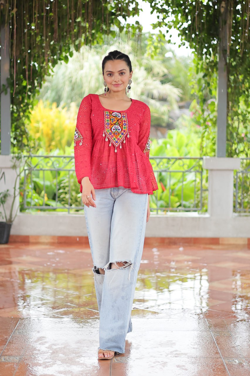 Navratri Special Georgette Schiffli Peplum Top with Kutchi Gamthi Patch Work