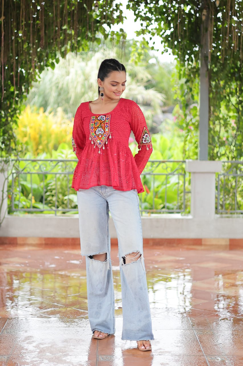 Navratri Special Georgette Schiffli Peplum Top with Kutchi Gamthi Patch Work