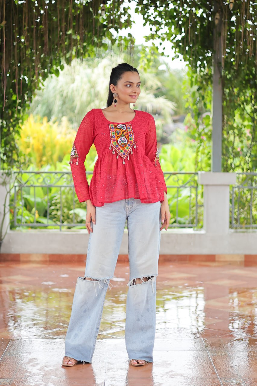 Navratri Special Georgette Schiffli Peplum Top with Kutchi Gamthi Patch Work
