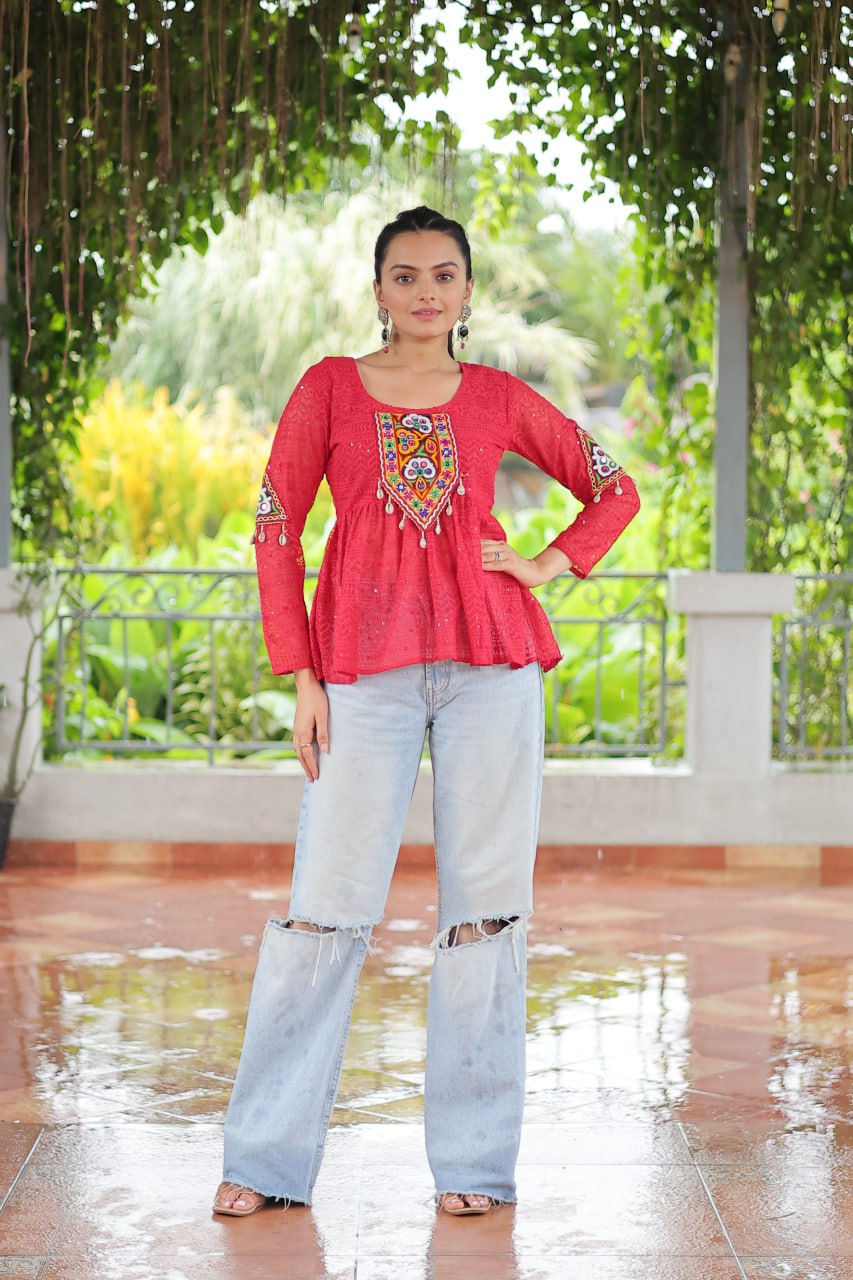 Navratri Special Georgette Schiffli Peplum Top with Kutchi Gamthi Patch Work