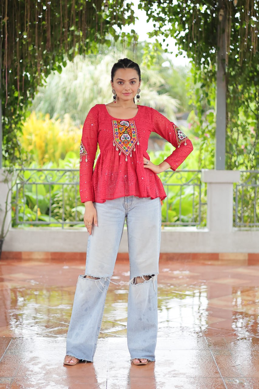 Navratri Special Georgette Schiffli Peplum Top with Kutchi Gamthi Patch Work