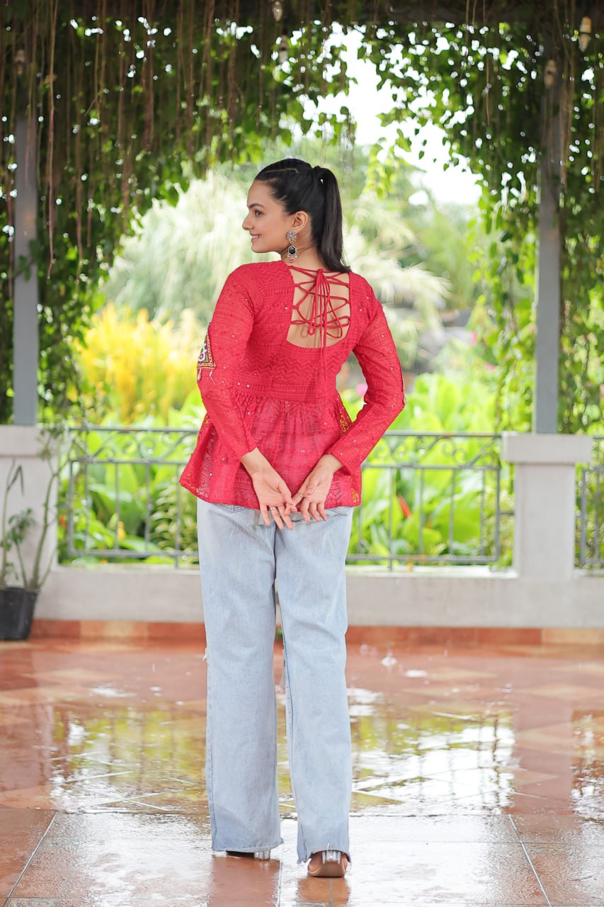 Navratri Special Georgette Schiffli Peplum Top with Kutchi Gamthi Patch Work