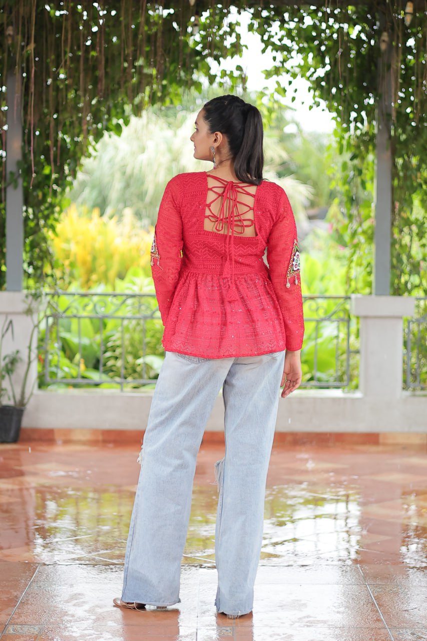 Navratri Special Georgette Schiffli Peplum Top with Kutchi Gamthi Patch Work