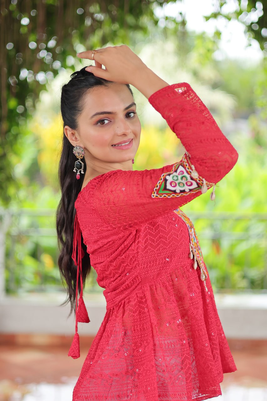 Navratri Special Georgette Schiffli Peplum Top with Kutchi Gamthi Patch Work