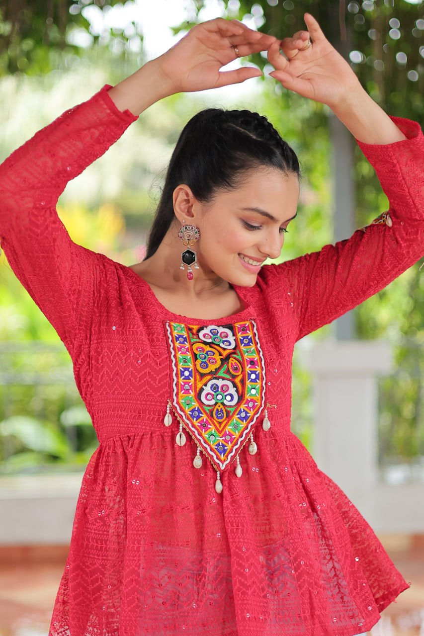 Navratri Special Georgette Schiffli Peplum Top with Kutchi Gamthi Patch Work