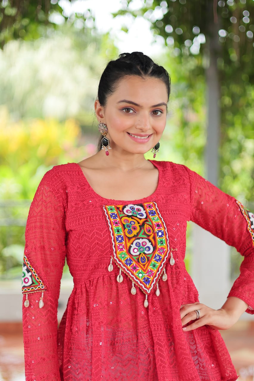 Navratri Special Georgette Schiffli Peplum Top with Kutchi Gamthi Patch Work