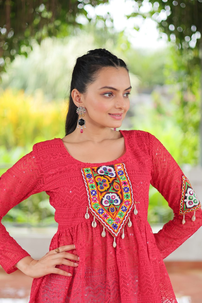 Navratri Special Georgette Schiffli Peplum Top with Kutchi Gamthi Patch Work
