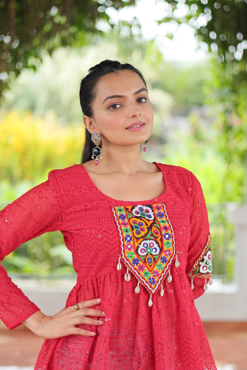 Navratri Special Georgette Schiffli Peplum Top with Kutchi Gamthi Patch Work