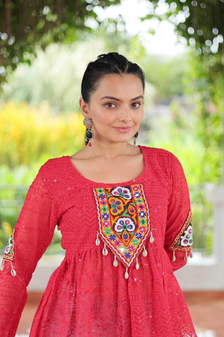 Navratri Special Georgette Schiffli Peplum Top with Kutchi Gamthi Patch Work