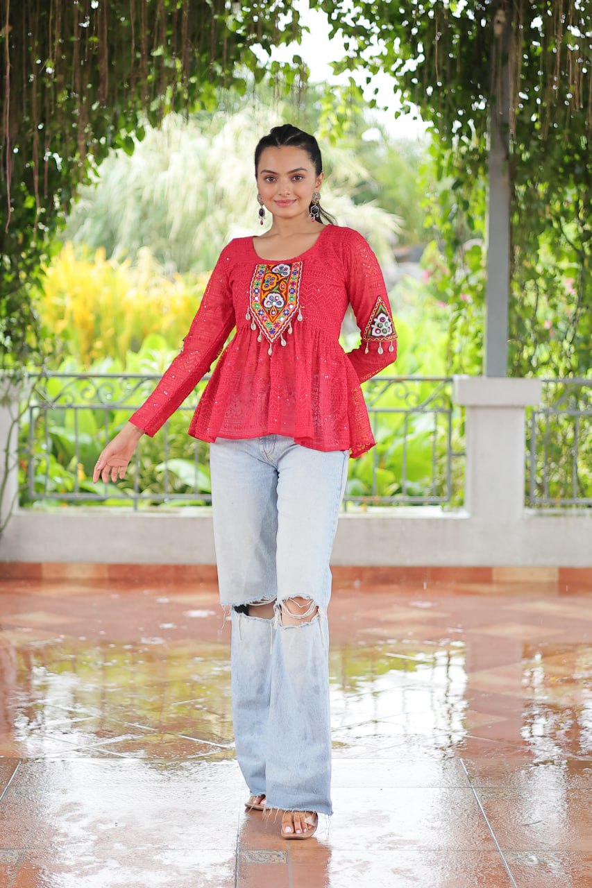 Navratri Special Georgette Schiffli Peplum Top with Kutchi Gamthi Patch Work