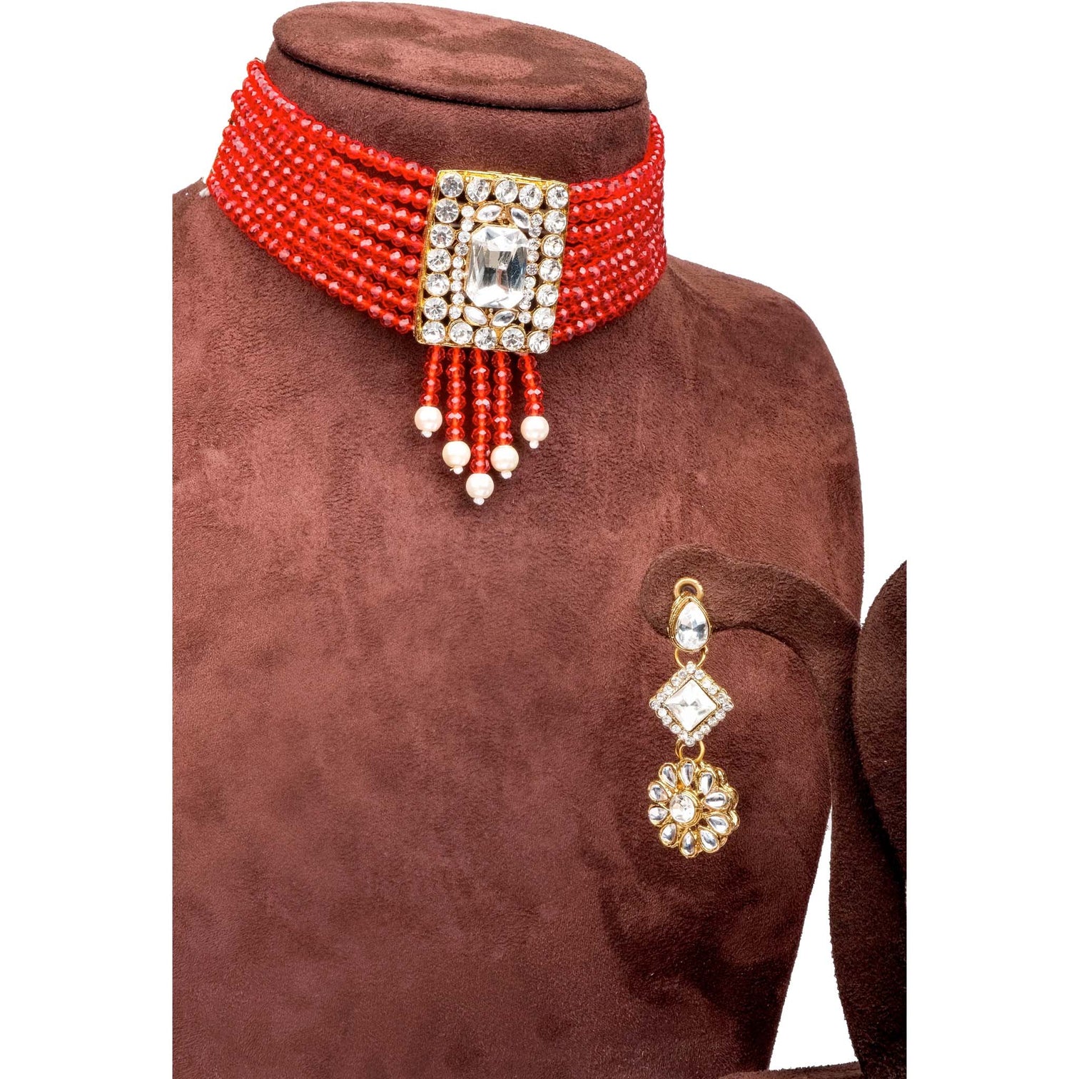 Red Pearl with Dimond Necklace Alloy Jewel Set