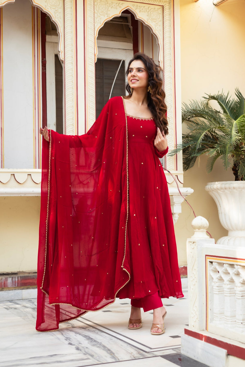 Red premium georgette suit set with dupatta mameraa