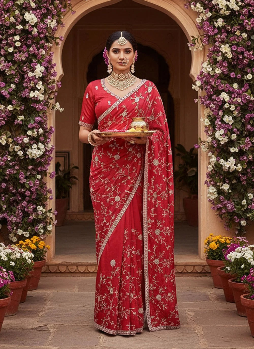 Red pure satin saree with jarkan work for karwa chauth