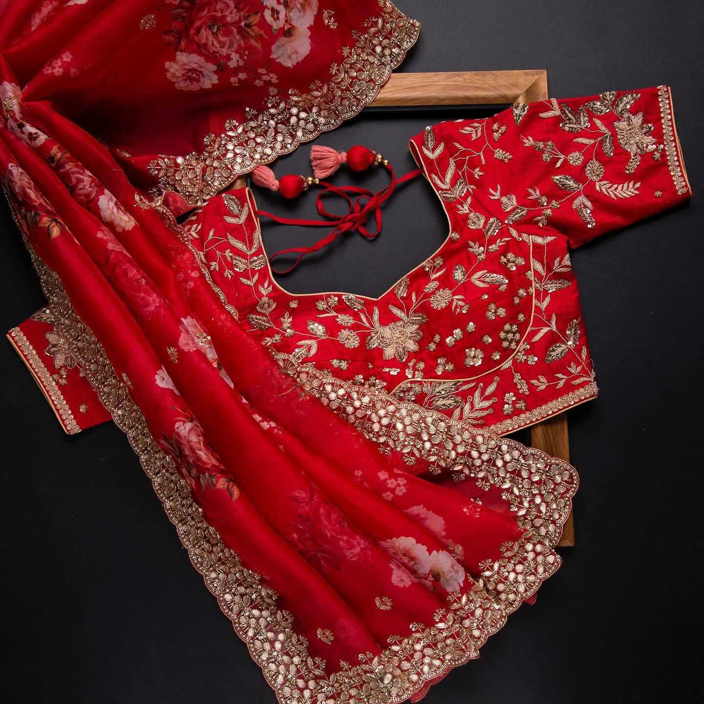 Red Saree in Organza Silk with Zari Work