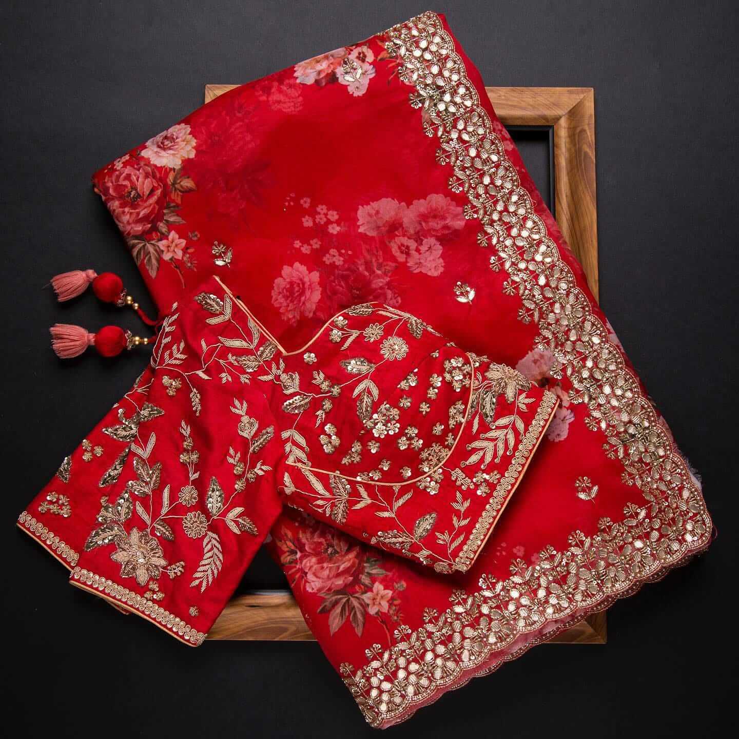 Red Saree in Organza Silk with Zari Work