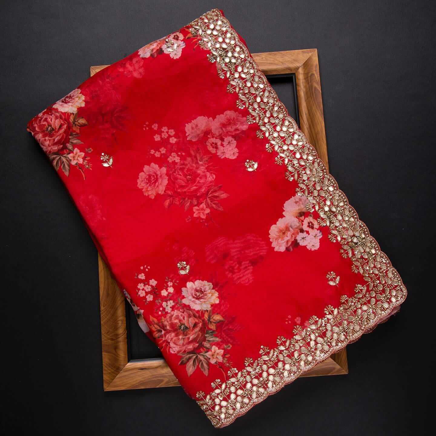 Red Saree in Organza Silk with Zari Work