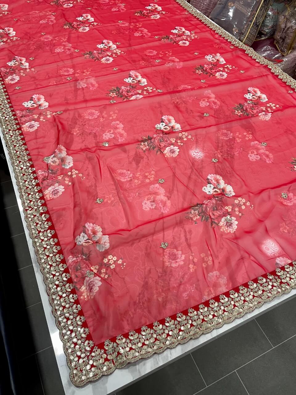 Red Saree in Organza Silk with Zari Work