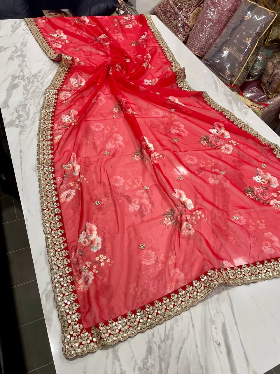 Red Saree in Organza Silk with Zari Work