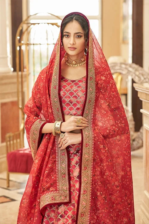 Red Thread With Sequins Embroidery Work Lehenga Choli With Dupatta