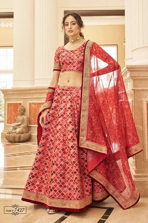 Red Thread With Sequins Embroidery Work Lehenga Choli With Dupatta