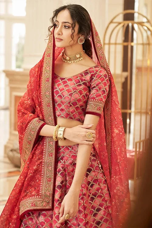 Red Thread With Sequins Embroidery Work Lehenga Choli With Dupatta