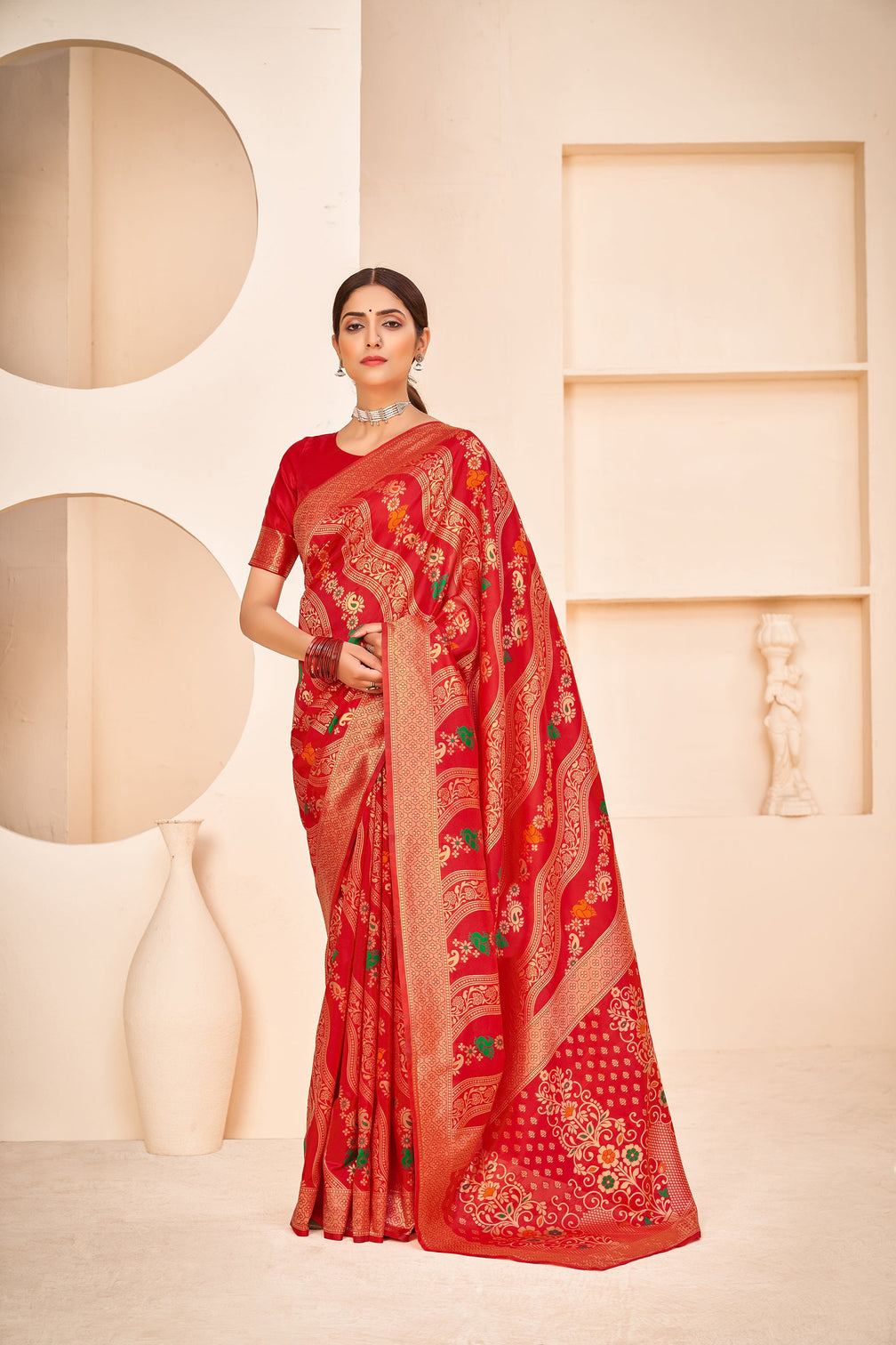 Red Color Wedding Wear Designer Art Silk Fabric Weaving Work Saree