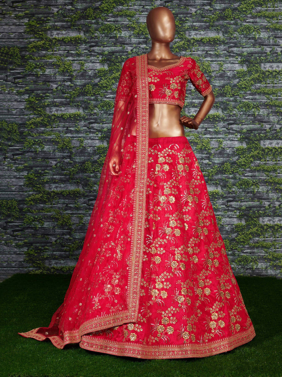 Hypnotic Red Colored Wedding Wear Embroidered Satin Lehenga Choli
