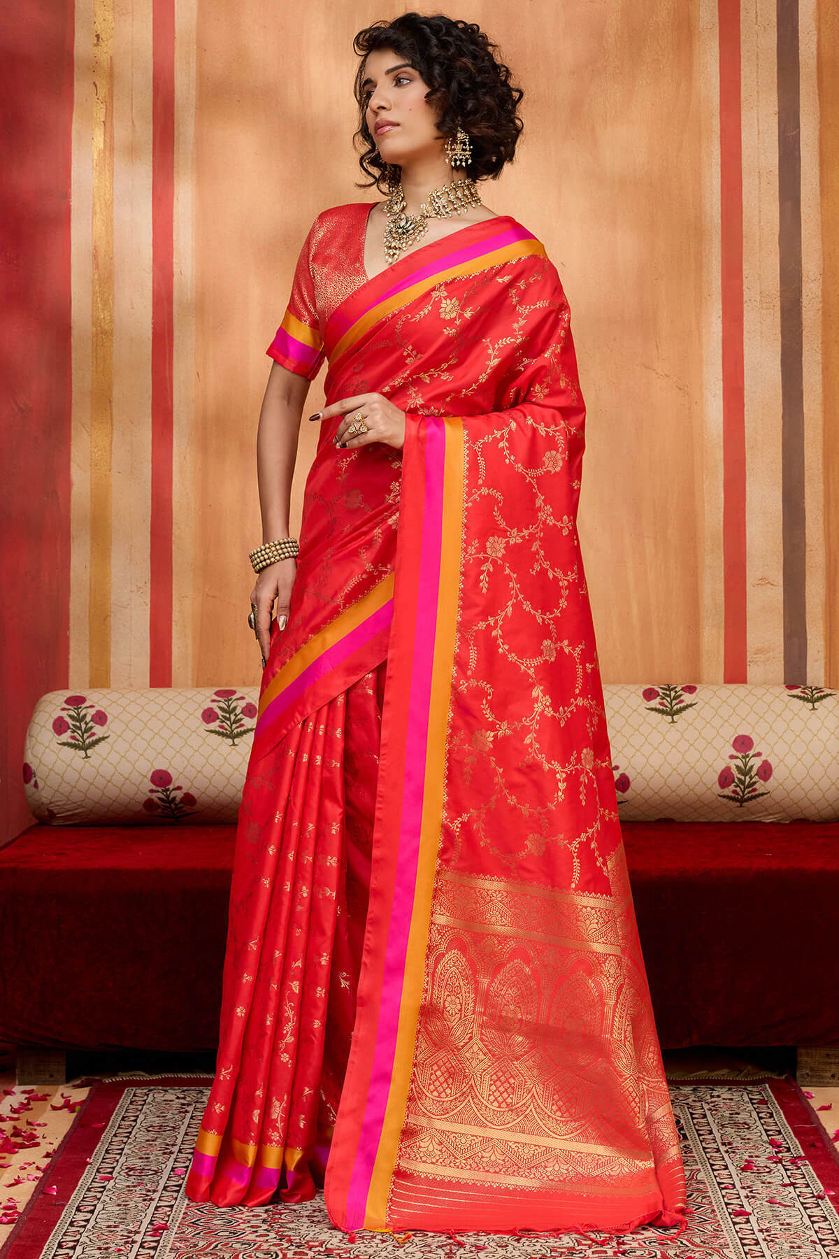 Scintilla Red Pure Zari Weaving Banarasi Silk Saree With Stylish Blouse Piece