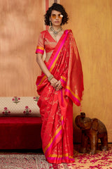 Scintilla Red Pure Zari Weaving Banarasi Silk Saree With Stylish Blouse Piece