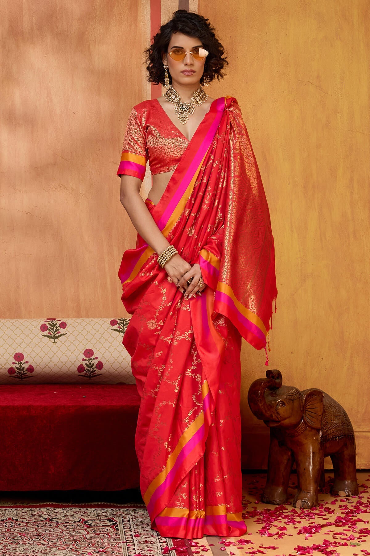 Scintilla Red Pure Zari Weaving Banarasi Silk Saree With Stylish Blouse Piece