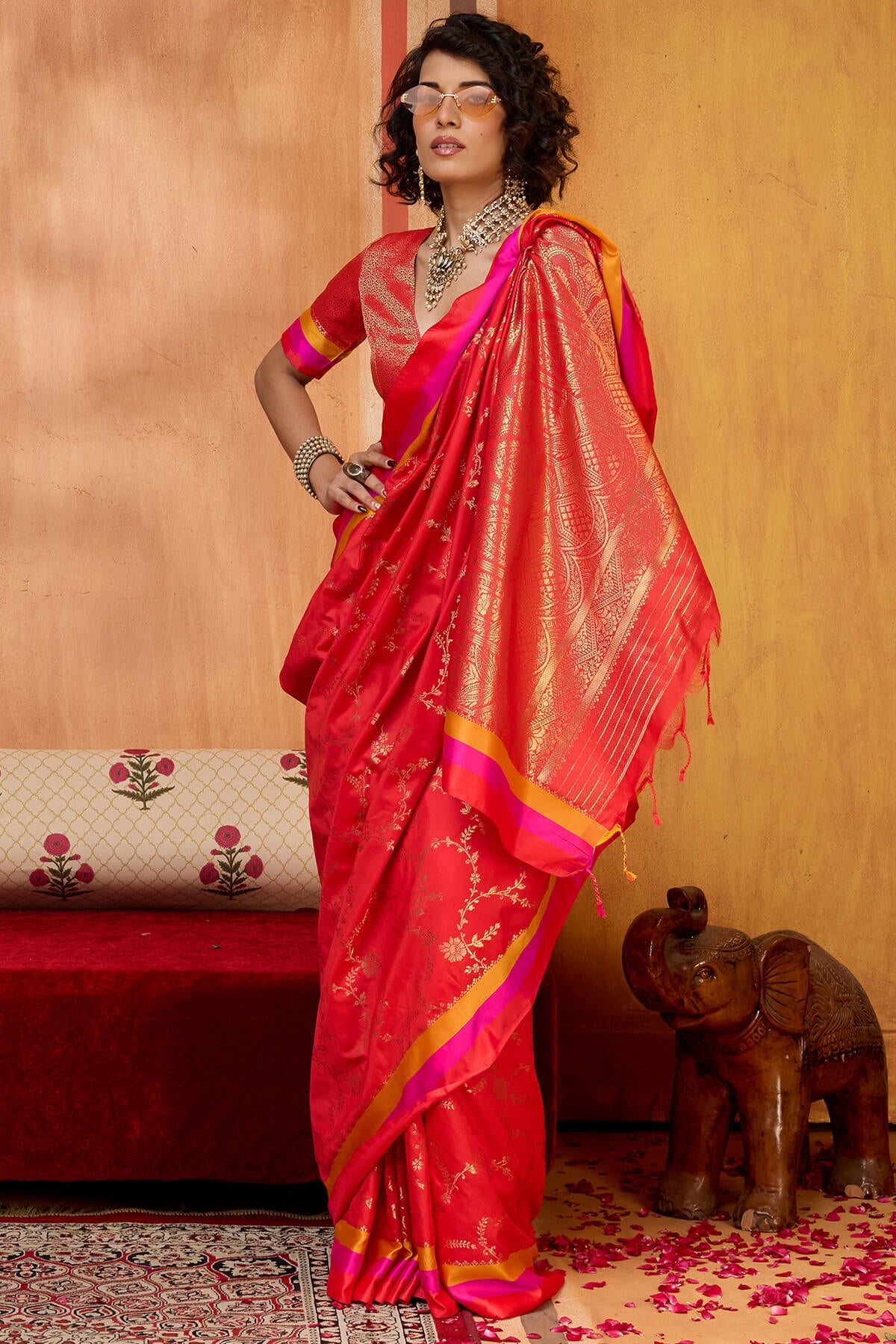 Scintilla Red Pure Zari Weaving Banarasi Silk Saree With Stylish Blouse Piece