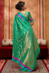 Energetic Green Pure Zari Weaving Banarasi Silk Saree With Rhapsody Blouse Piece