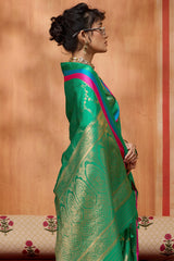 Energetic Green Pure Zari Weaving Banarasi Silk Saree With Rhapsody Blouse Piece