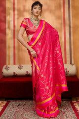 Exquisite Pink Pure Zari Weaving Banarasi Silk Saree With Smart Blouse Piece